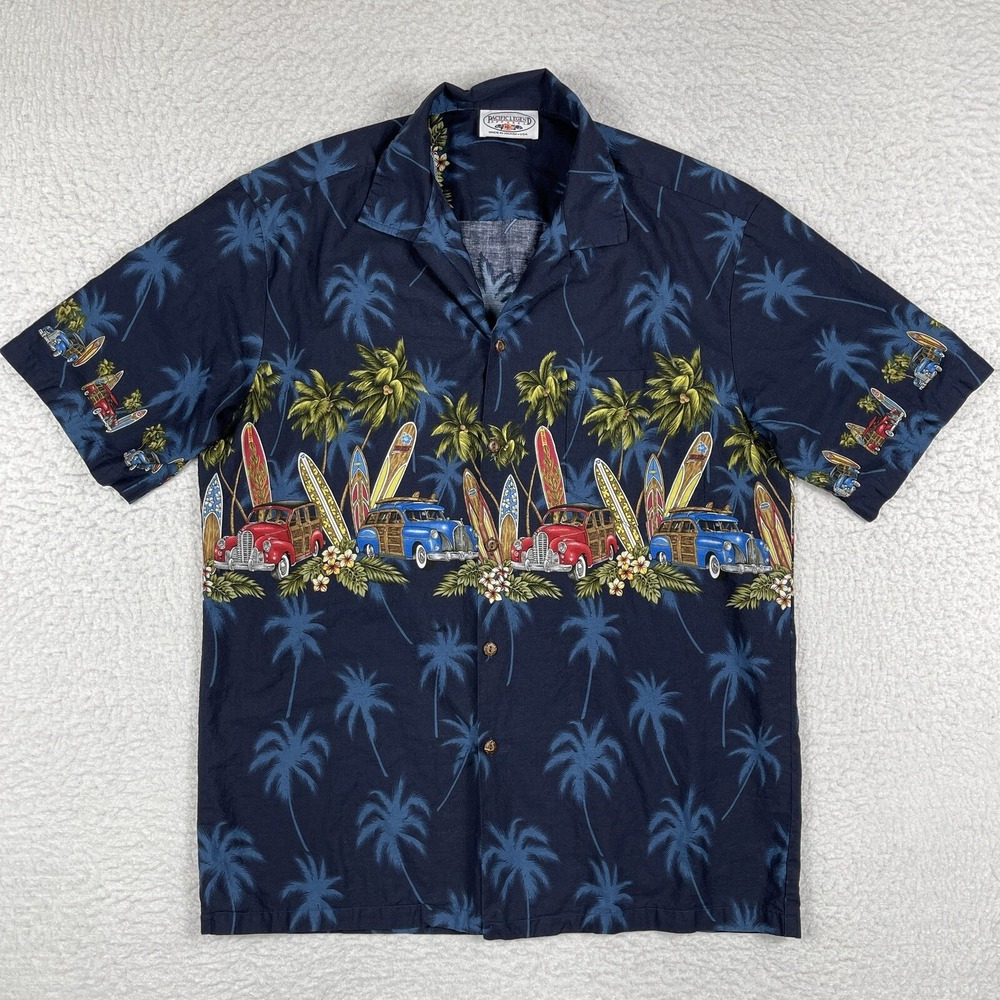 Pacific Legend Shirt Mens Large Blue Hawaii Tropical Surfboards Woody Cars Beach
